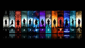 Twelve Silhouetted Figures in Vibrant Colored Panels with Numbered Reflections HD wallpaper