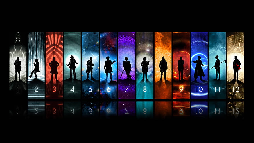Twelve Silhouetted Figures in Vibrant Colored Panels with Numbered Reflections HD wallpaper