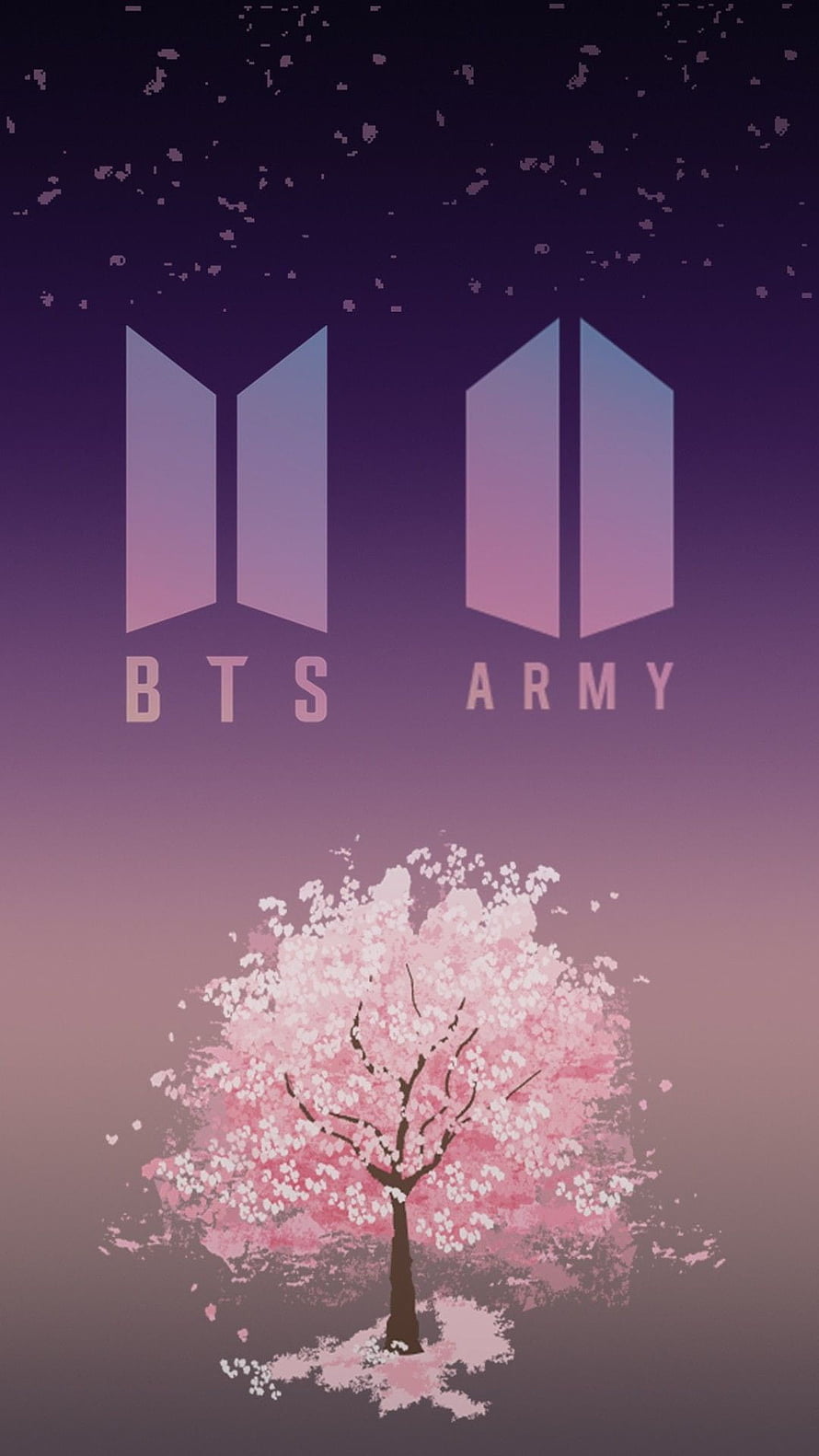 BTS and ARMY Logos Above a Blooming Cherry Blossom Tree on a Purple Gradient Background HD phone wallpaper