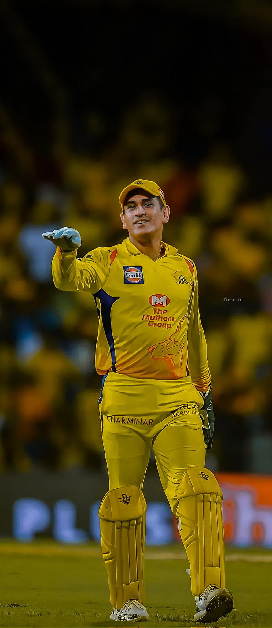 Mahendra Singh Dhoni in Chennai Super Kings Yellow Jersey Pointing at Cricket Stadium HD phone wallpaper