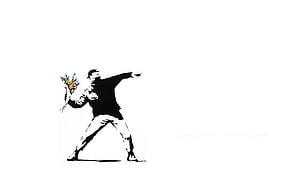 Banksy Street Art Stencil of Man Throwing Bouquet of Flowers HD wallpaper