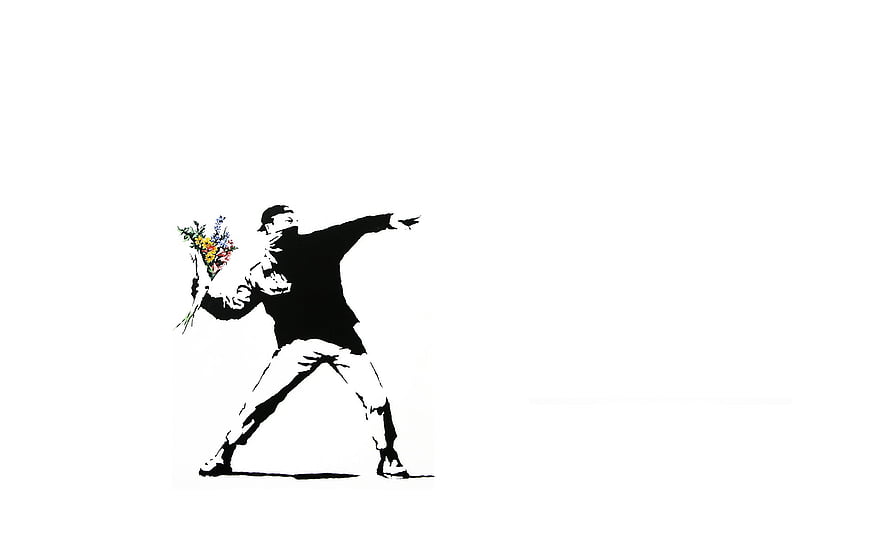 Banksy Street Art Stencil of Man Throwing Bouquet of Flowers HD wallpaper