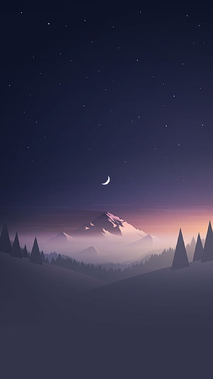 Minimalist Night Mountain Landscape with Crescent Moon and Pine Forest Silhouette HD phone wallpaper