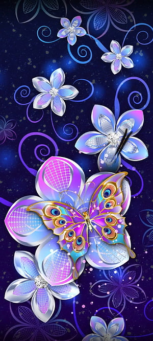 Iridescent Butterfly and Crystal Flowers on a Deep Blue Swirl Background HD phone wallpaper