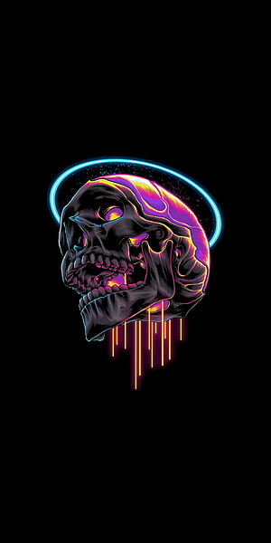 Neon Dripping Skull with Electric Blue Halo and Vibrant Purple Brain on Black Background HD phone wallpaper