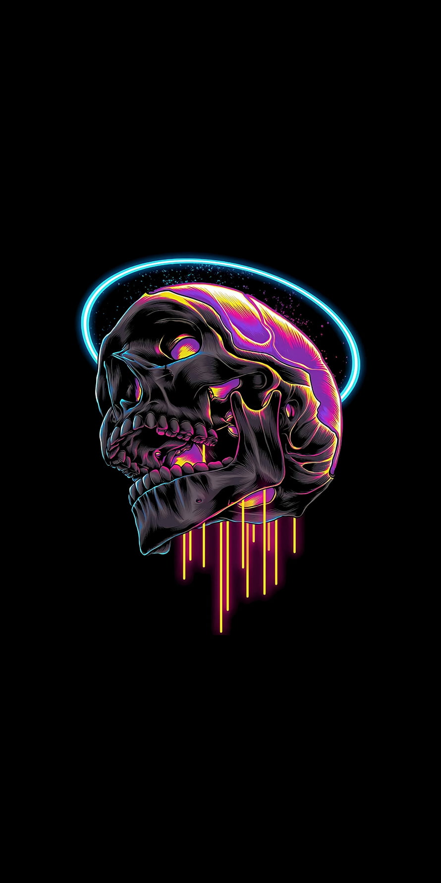 Neon Dripping Skull with Electric Blue Halo and Vibrant Purple Brain on Black Background HD phone wallpaper