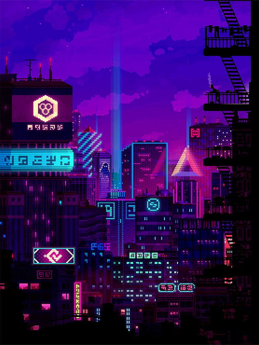 Neon Cyberpunk Cityscape in Vibrant Pixel Art Style with Purple Skyline HD phone wallpaper