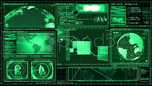 Futuristic Green Holographic Control Panel Interface with Global Maps and Data Displays HD wallpaper