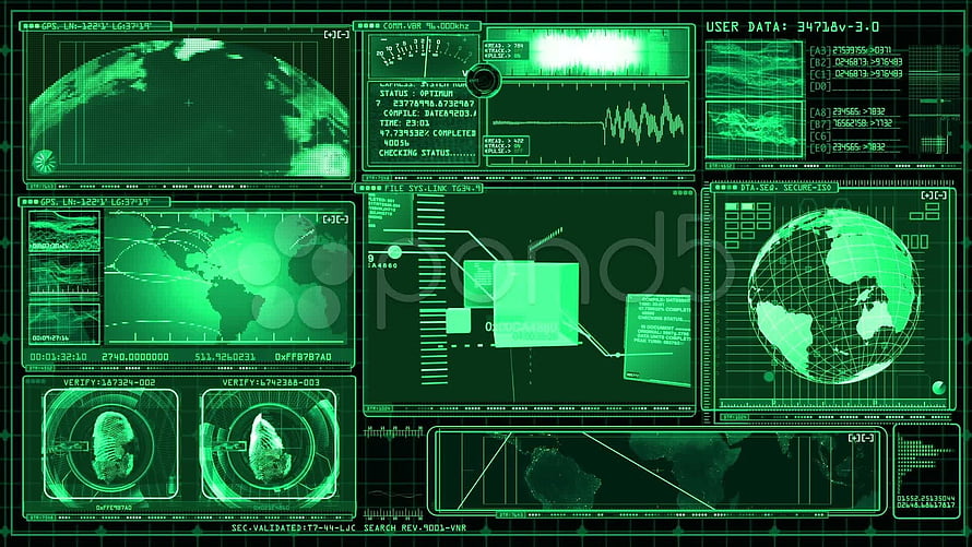Futuristic Green Holographic Control Panel Interface with Global Maps and Data Displays HD wallpaper