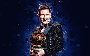 Lionel Messi Holding Ballon d'Or Trophy in Sparkling Suit Against Blue Background HD wallpaper