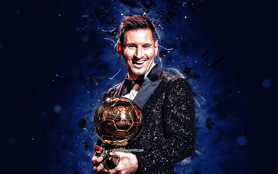 Lionel Messi Holding Ballon d'Or Trophy in Sparkling Suit Against Blue Background HD wallpaper