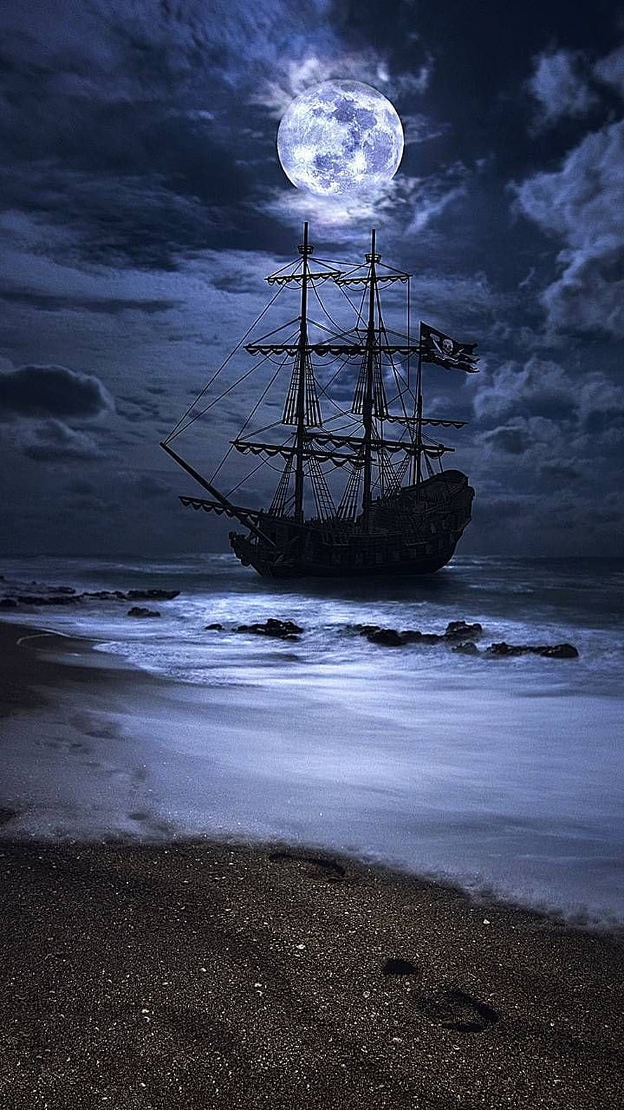 Silhouetted Pirate Galleon on a Moonlit Shore Under a Full Moon HD phone wallpaper