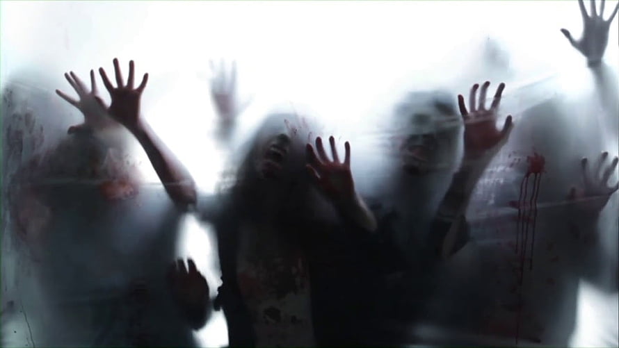 Horror Scene of Zombie Hands Pressed Against Frosted Glass With Blood Stains HD wallpaper