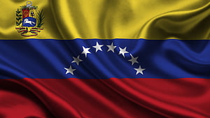 Venezuela National Flag With Coat Of Arms And Star Arc On Waving Silk Fabric HD wallpaper