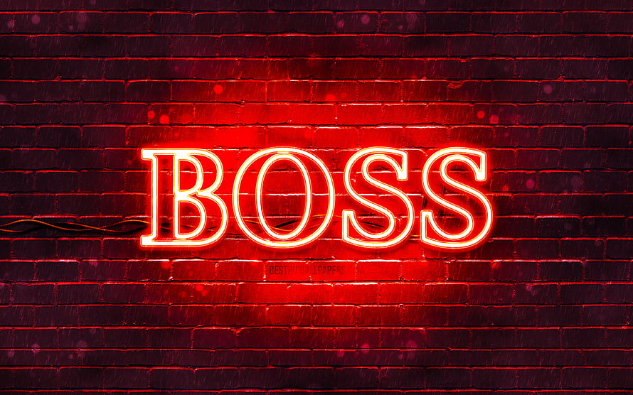 Hugo Boss red neon sign glowing on a dark brick wall HD wallpaper
