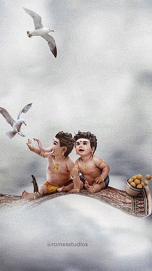 Baby Ganesh and Baby Murugan Feeding Seagulls in a Dreamy Cloudscape HD phone wallpaper