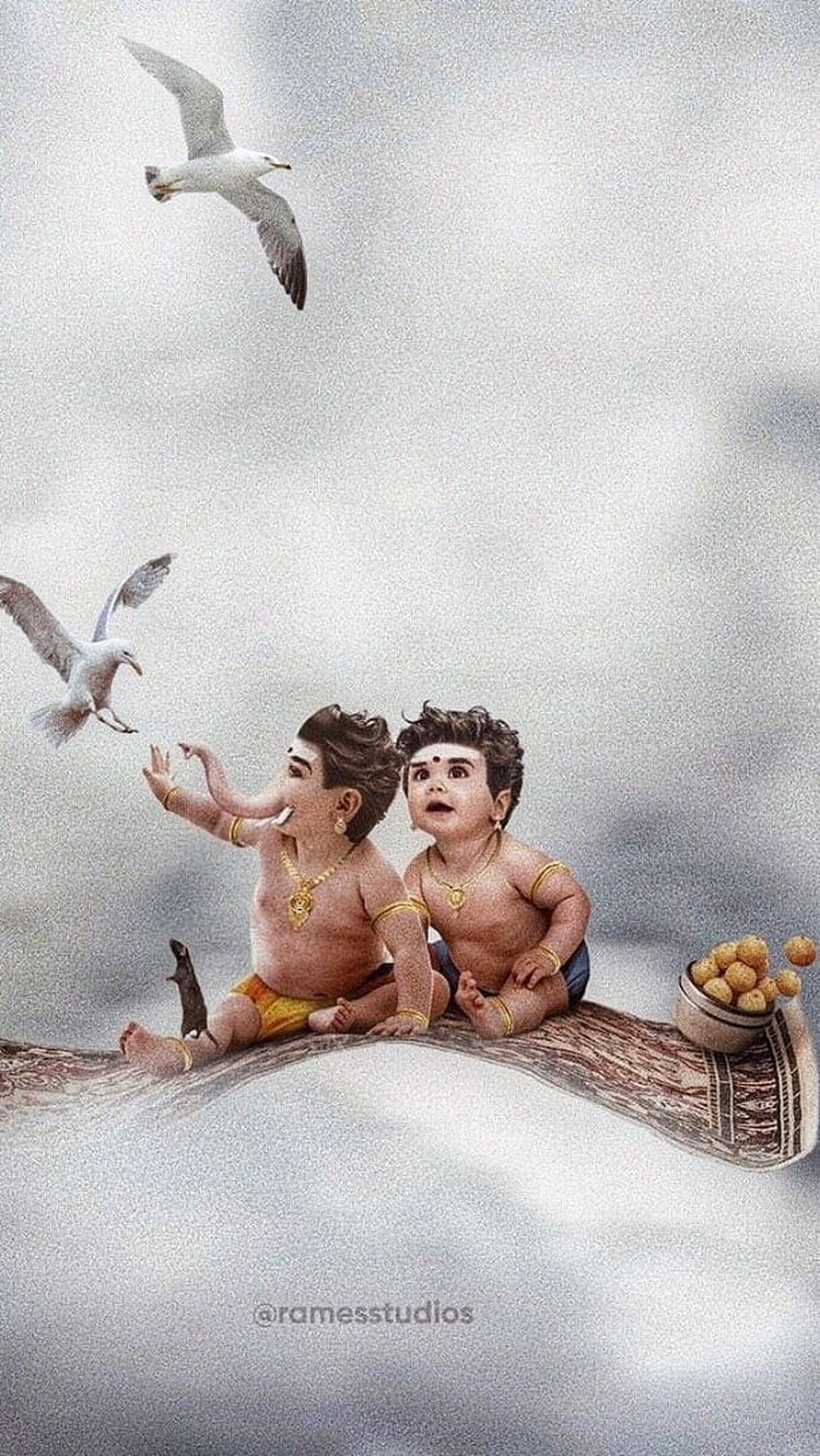 Baby Ganesh and Baby Murugan Feeding Seagulls in a Dreamy Cloudscape HD phone wallpaper