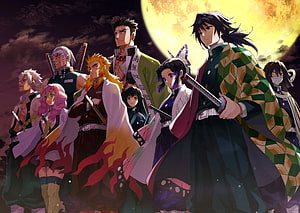 Demon Slayer Hashira Group Portrait Under a Full Moon HD wallpaper