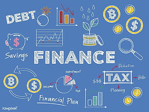 Hand-drawn finance doodle with charts, coins, piggy bank, and tax planning on blue background HD wallpaper