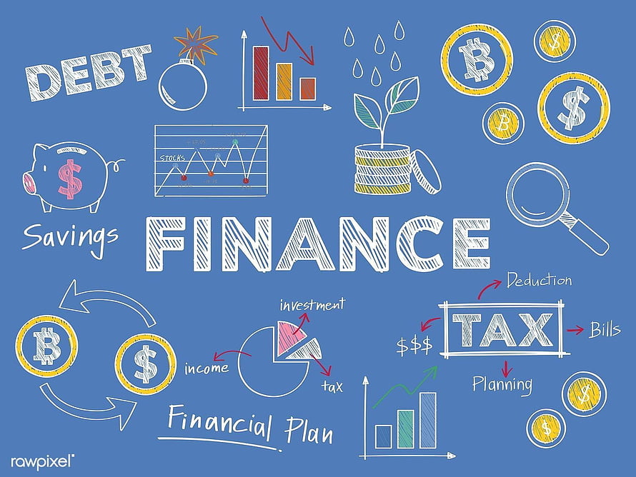 Hand-drawn finance doodle with charts, coins, piggy bank, and tax planning on blue background HD wallpaper