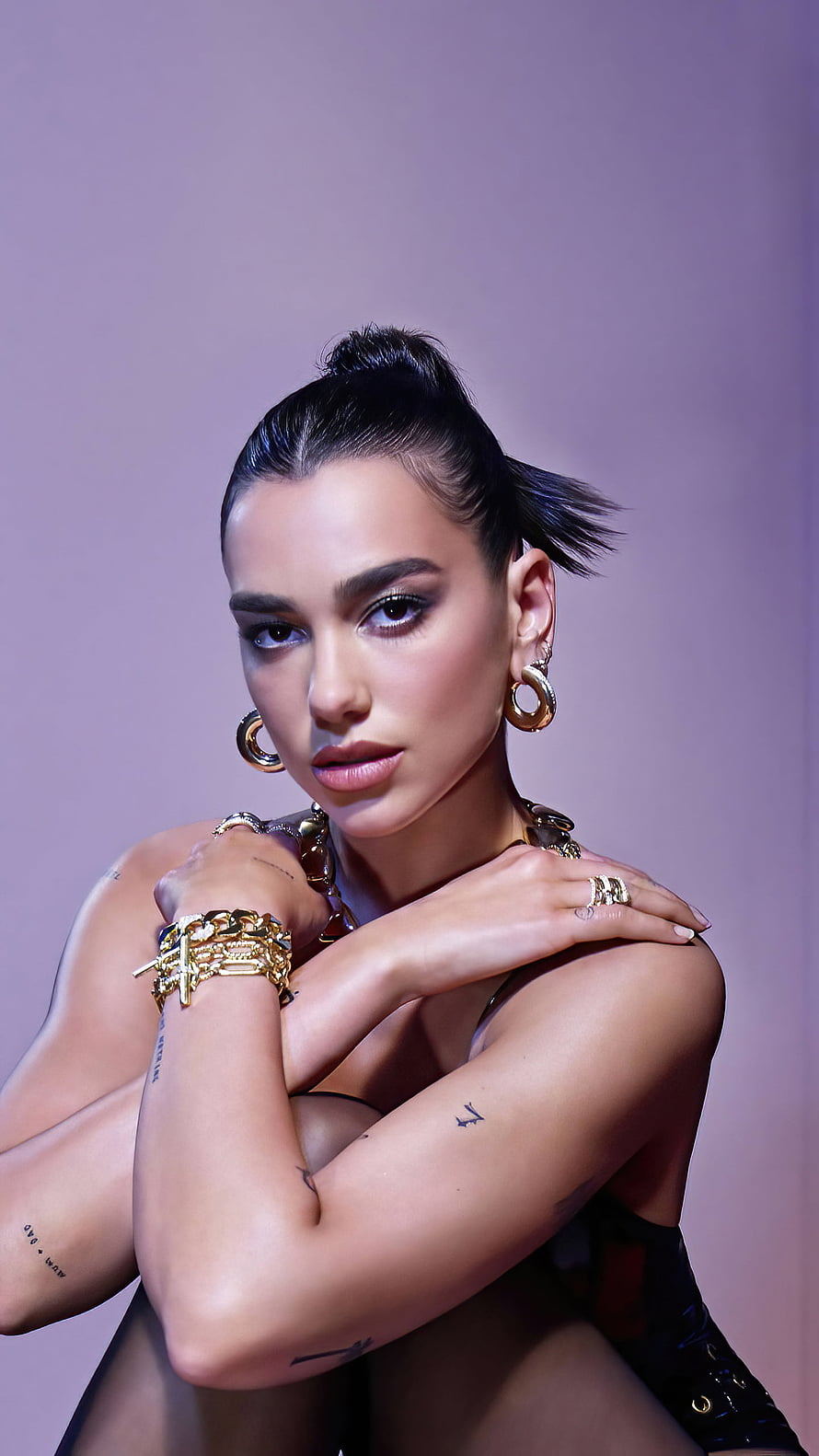 Dua Lipa Studio Portrait with Gold Jewelry and Slicked Hair HD phone wallpaper