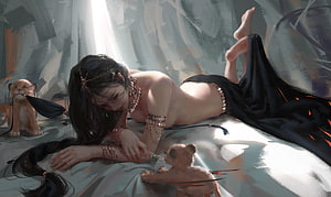 Aeolian Fantasy Illustration: Princess Lying with Lion Cubs in Ethereal Light HD wallpaper