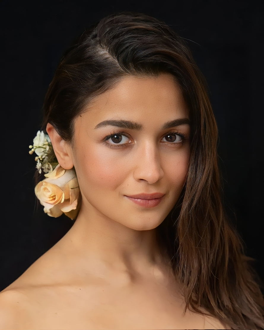 Alia Bhatt Elegant Portrait With Floral Hair Accessory Against Black Background HD phone wallpaper