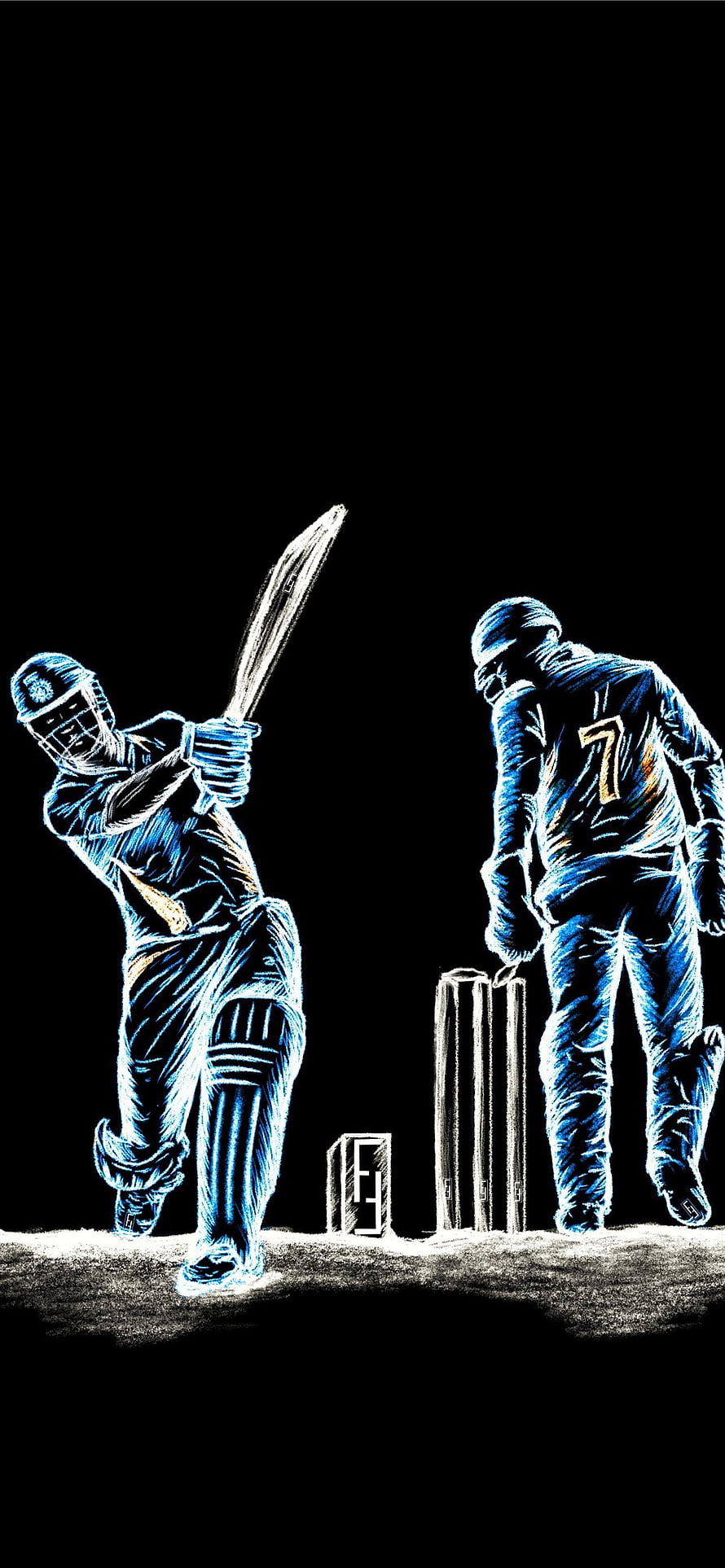 Stylized Cricket Illustration Featuring Batsman and Bowler in Blue Neon Lines on Black Background, Best Cricket HD phone wallpaper