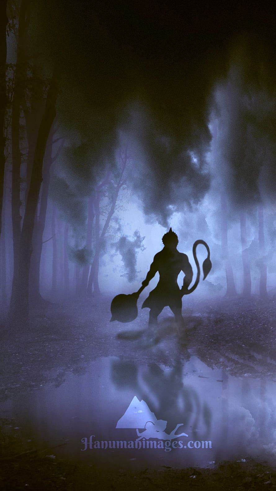 Lord Hanuman Silhouette in Misty Forest with Mace and Tail HD phone wallpaper