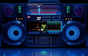 Neon-lit retro boombox with glowing speakers and cassette deck in a dark synthwave scene HD wallpaper