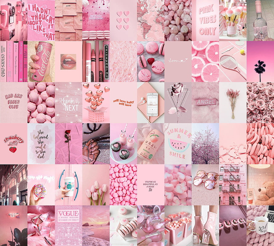 Baby Pink Aesthetic Collage Grid Featuring Macarons, Roses, and Lifestyle Elements HD wallpaper
