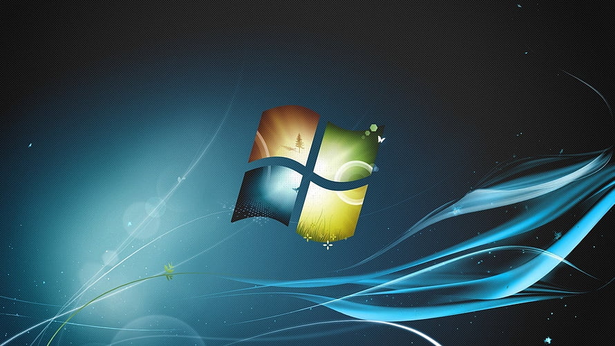 Windows 7 Logo with Flowing Blue Ribbons and Nature Scenes on Dark Background HD wallpaper