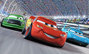 Lightning McQueen and Rivals Racing in the Disney Cars Movie HD wallpaper