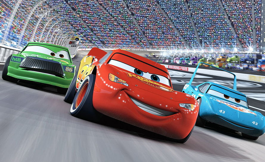 Lightning McQueen and Rivals Racing in the Disney Cars Movie HD wallpaper