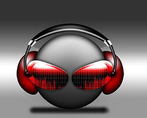DJ Headphones with Red Audio Waveform Eyes on Dark Gradient Background HD wallpaper