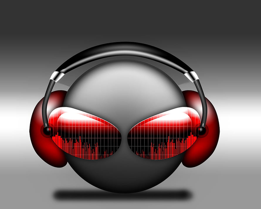 DJ Headphones with Red Audio Waveform Eyes on Dark Gradient Background HD wallpaper