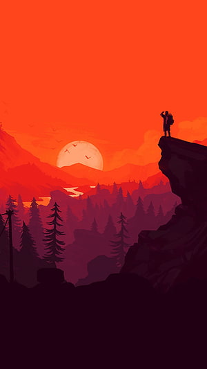 Minimalist Hiker Silhouette on Cliff at Sunset with Pine Forest and Mountains HD phone wallpaper