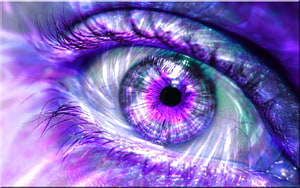 Vibrant Purple Eye Close-Up with Iridescent Iris and Detailed Eyelashes HD wallpaper