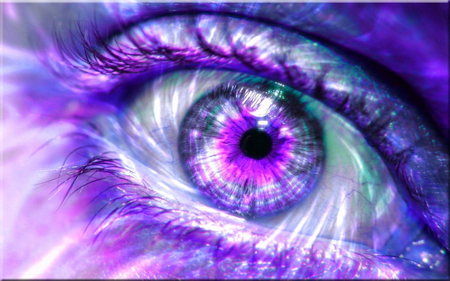 Vibrant Purple Eye Close-Up with Iridescent Iris and Detailed Eyelashes HD wallpaper