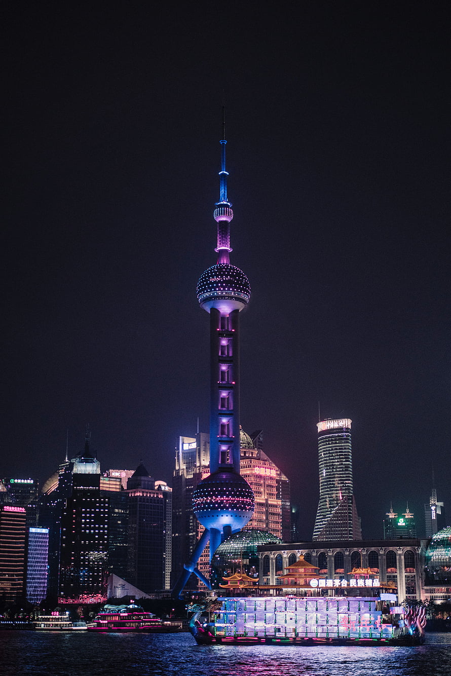 Shanghai Oriental Pearl Tower Illuminated at Night Over the Huangpu River HD phone wallpaper