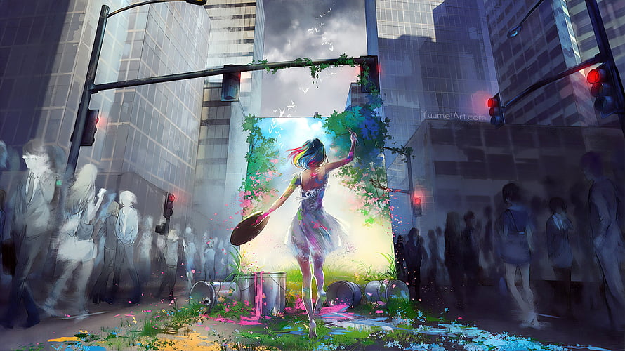 Vibrant female artist painting a lush nature scene on a canvas in a monochrome city street HD wallpaper
