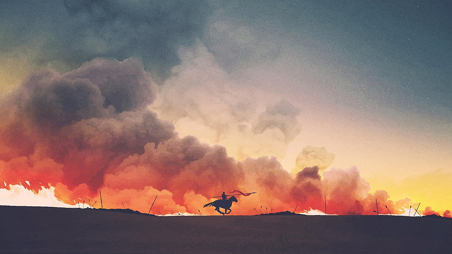 Game of Thrones Silhouette Rider on Horseback Against Dramatic Fire and Smoke Sky HD wallpaper