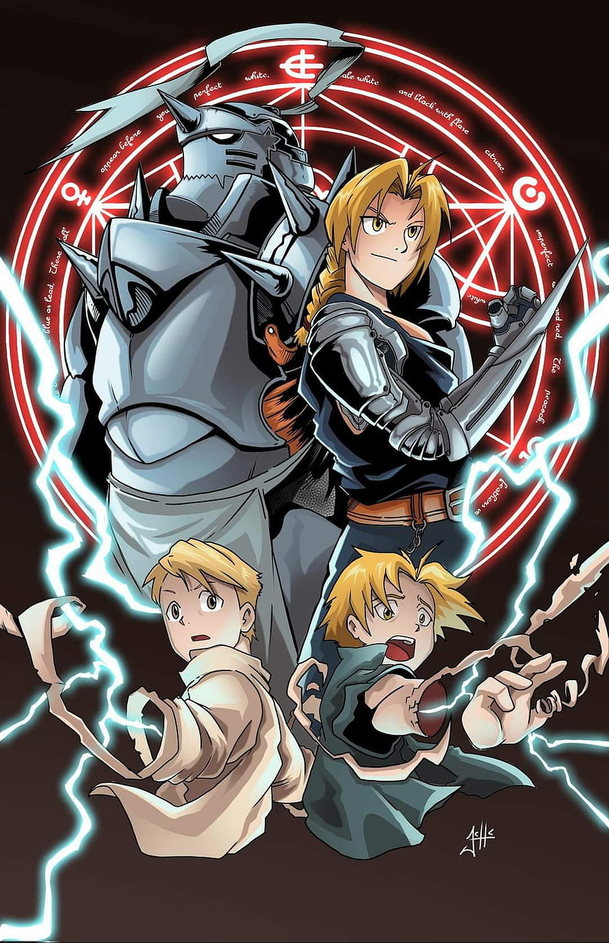 Fullmetal Alchemist anime artwork featuring Edward Elric and the Fullbody Armor automaton HD phone wallpaper