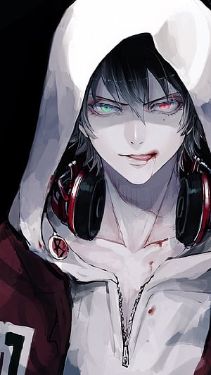 Anime Character with Heterochromia and Red Headphones in White Hoodie HD phone wallpaper