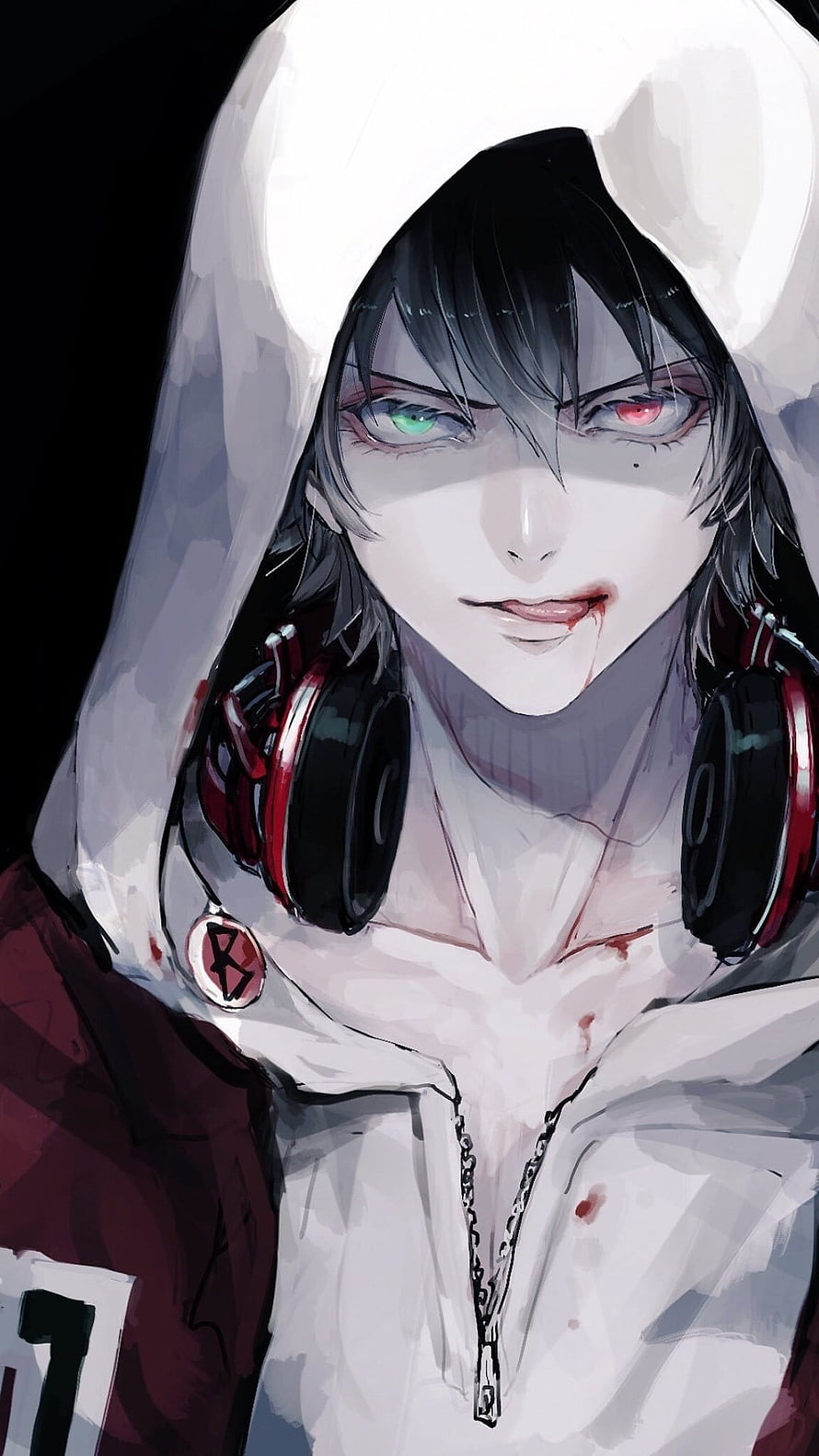 Anime Character with Heterochromia and Red Headphones in White Hoodie HD phone wallpaper