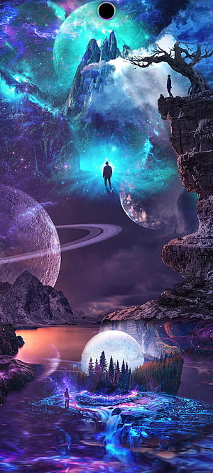 Psychedelic Cosmic Landscape with Floating Planets and Ethereal Nebulae HD phone wallpaper