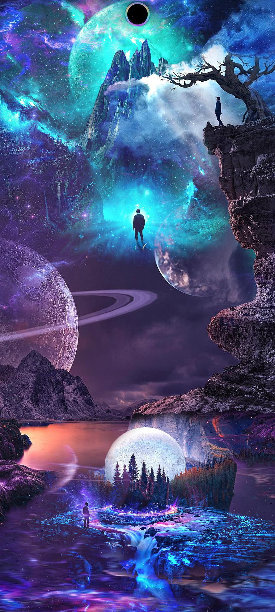 Psychedelic Cosmic Landscape with Floating Planets and Ethereal Nebulae HD phone wallpaper