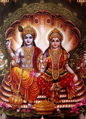 Lakshmi Narayana Divine Couple Seated on Serpent Throne with Lotus Flowers HD phone wallpaper