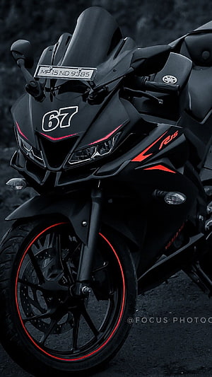 Black Yamaha R15 Sport Motorcycle with Red Accents and Number 67 HD phone wallpaper