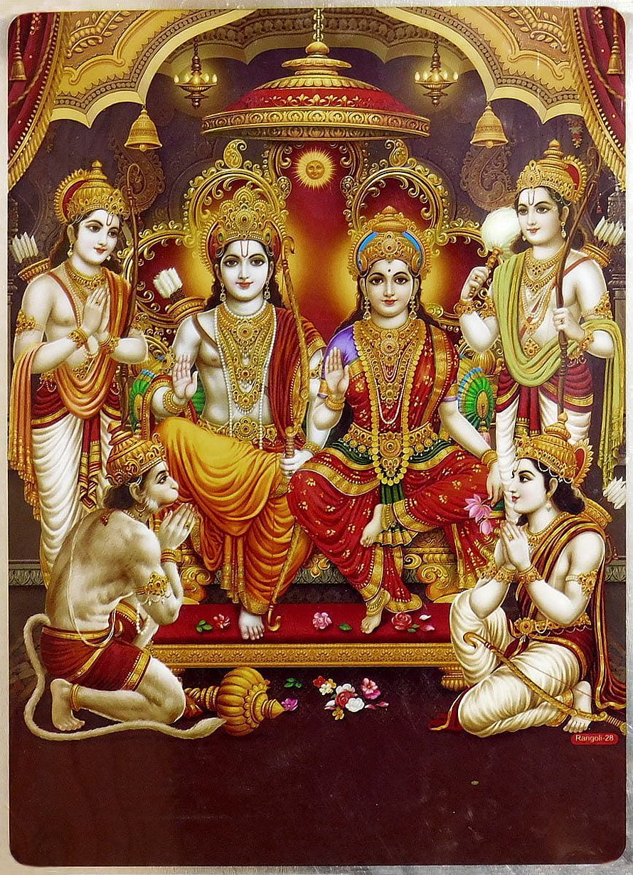 Lord Rama and Sita Seated on Royal Throne with Hanuman and Laksmana in Traditional Indian Art HD phone wallpaper